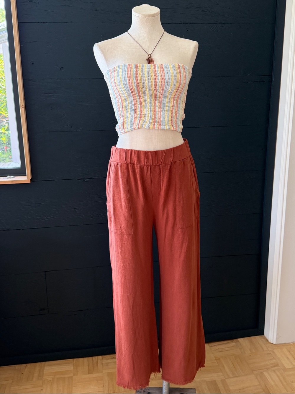 Rust Orange Linen Blend Wide Leg Pants Medium